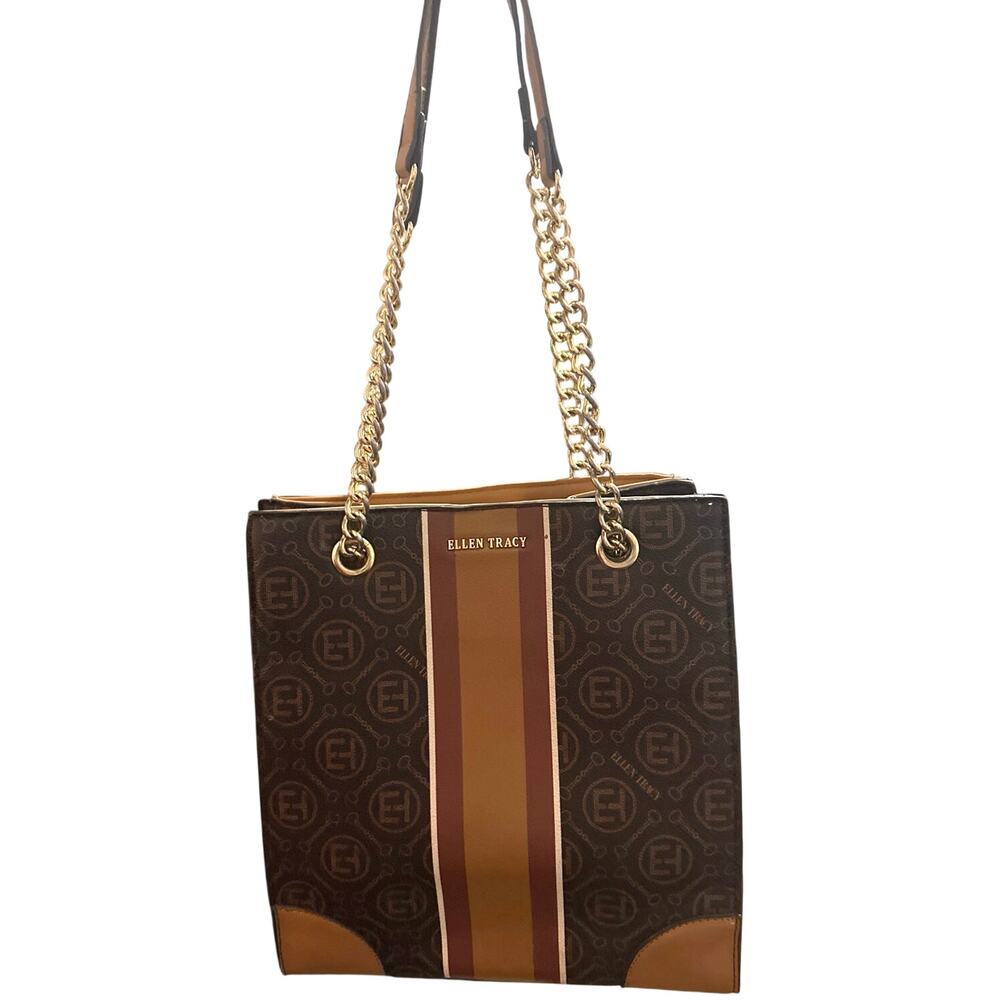 Ellen Tracy Chocolate Cognac Tote Shopper Bag w/ Chain Handle. 11”x10”x5”